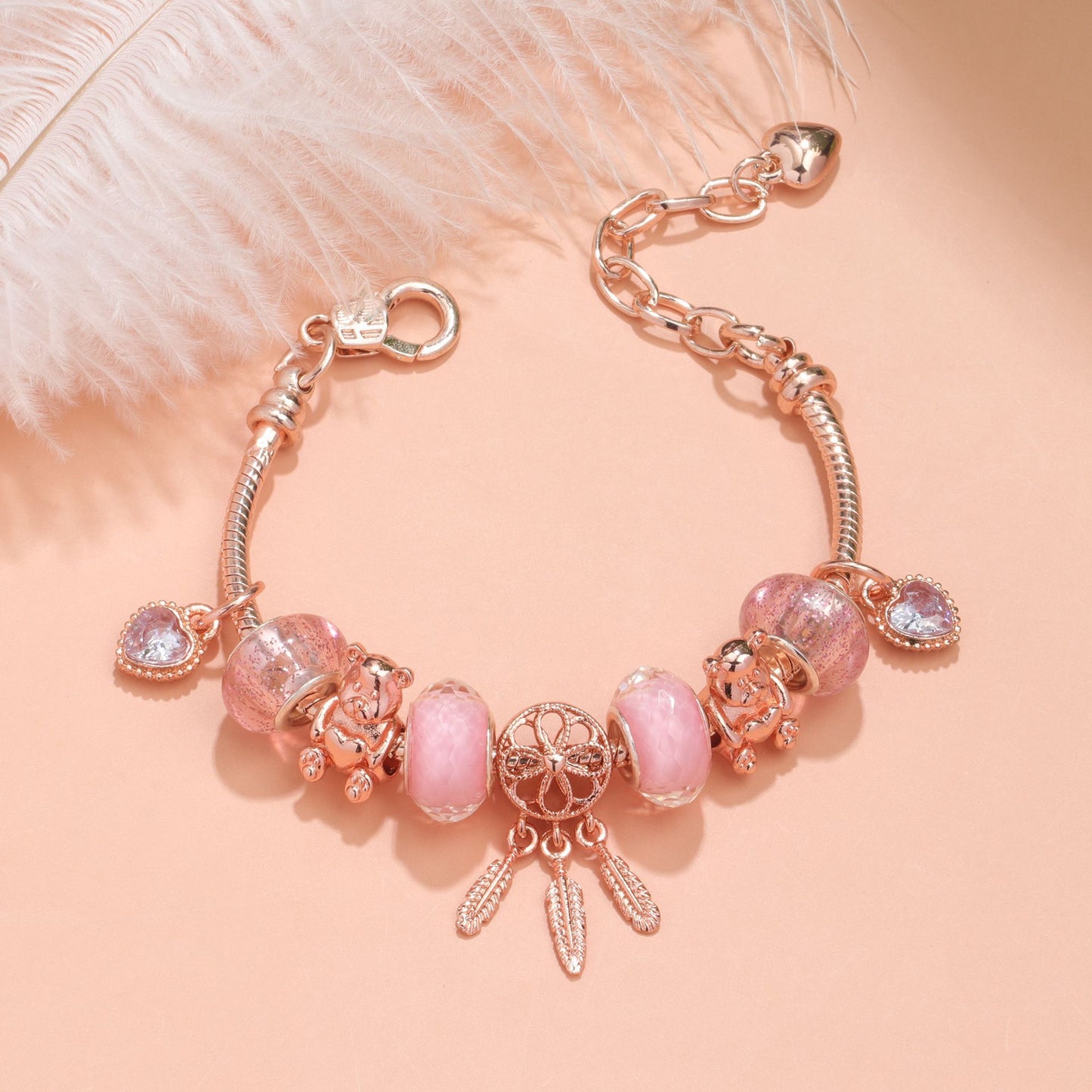 Rose Gold Charm Bracelet with Dreamcatcher & Bear Beads, Colorful Glass Beads Bracelet(20cm)