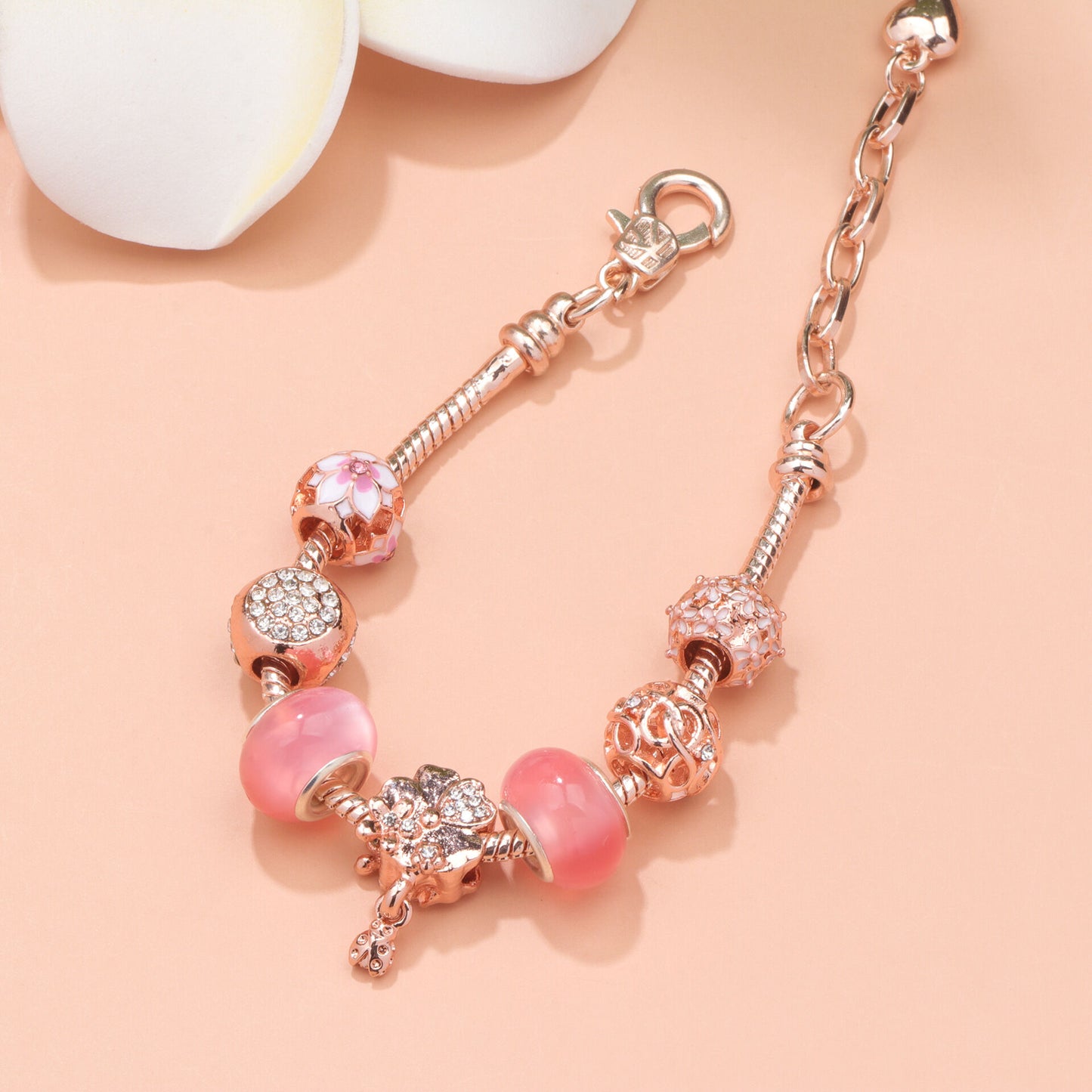 Rose Gold Beaded Bracelet with Floral & Zircon Accents(16cm)