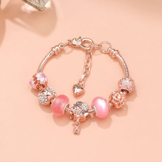 Rose Gold Beaded Bracelet with Floral & Zircon Accents(18cm)