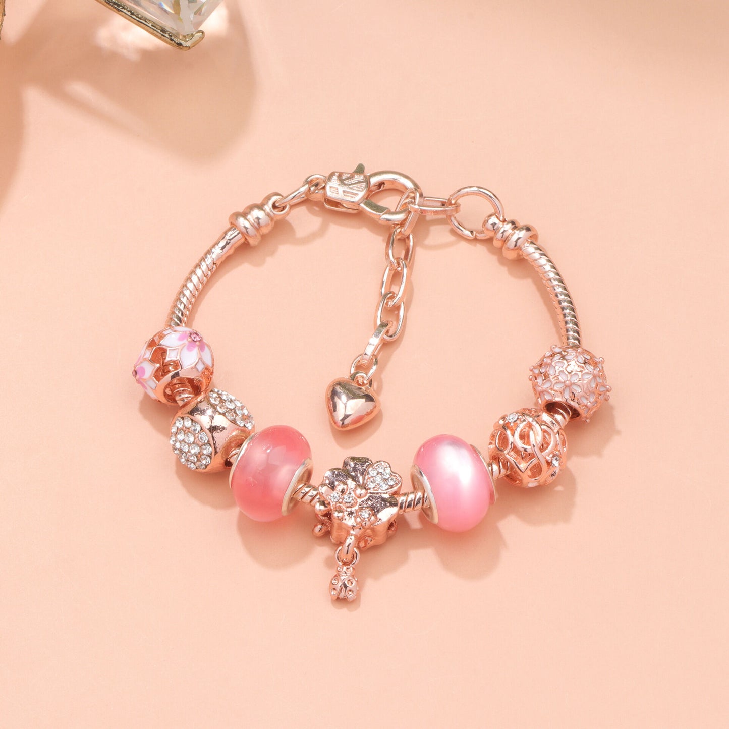 Rose Gold Beaded Bracelet with Floral & Zircon Accents(20cm)