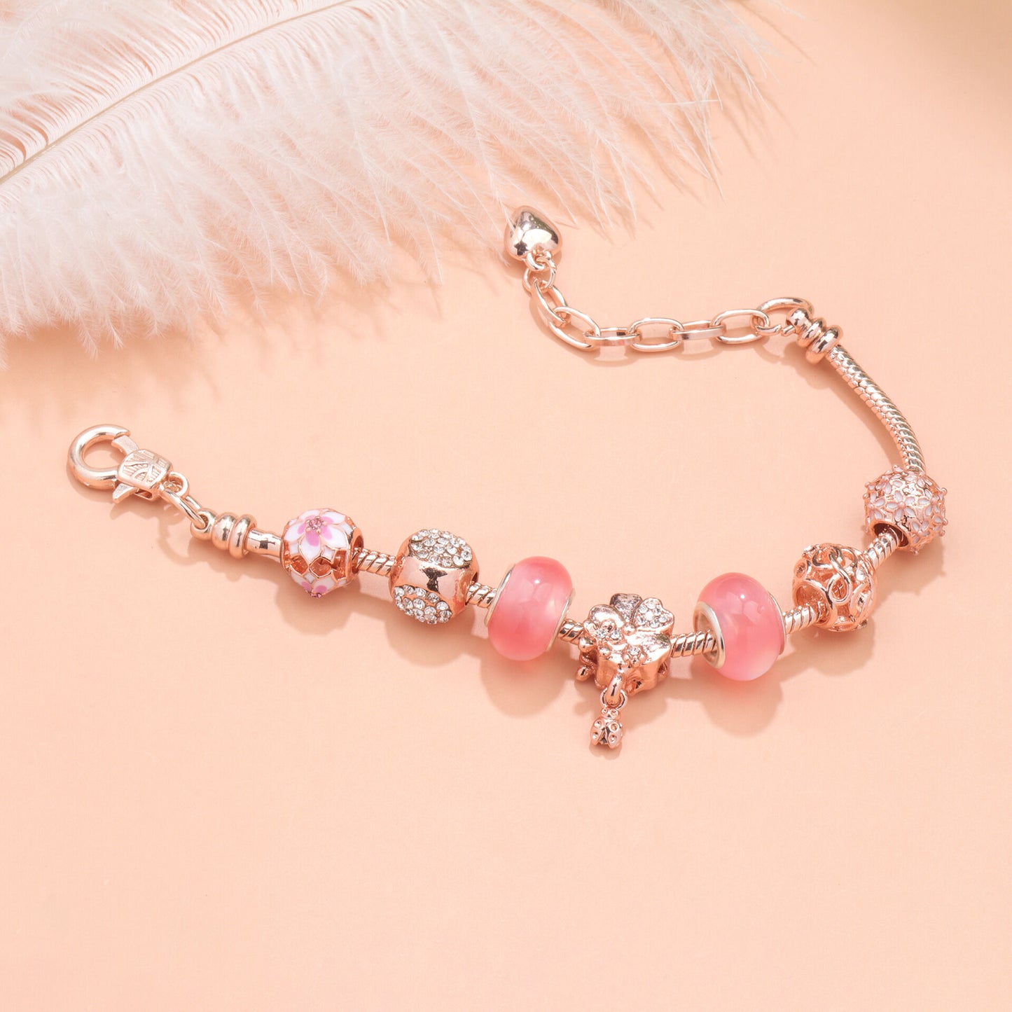 Rose Gold Beaded Bracelet with Floral & Zircon Accents(20cm)