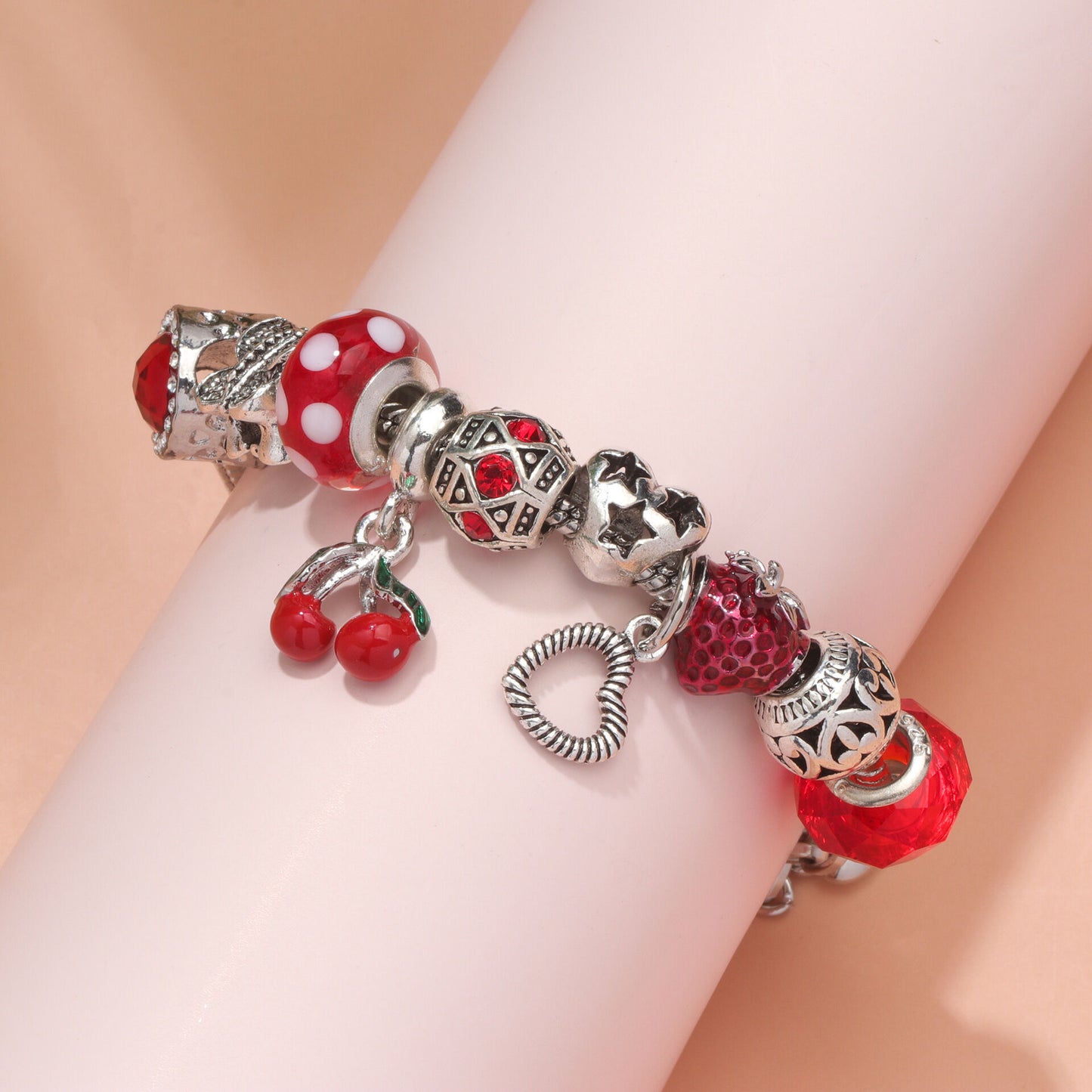 Charm Bracelet with Tortoise, Heart, Clover Pendant(red,19cm)