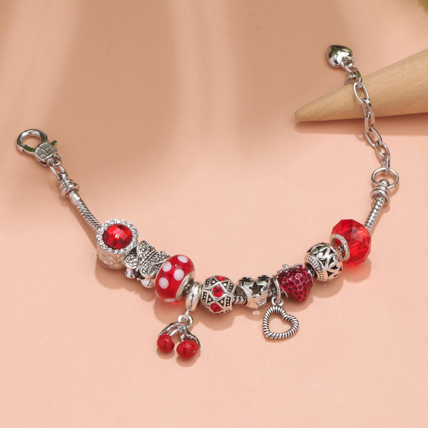 Charm Bracelet with Tortoise, Heart, Clover Pendant(red,20cm)