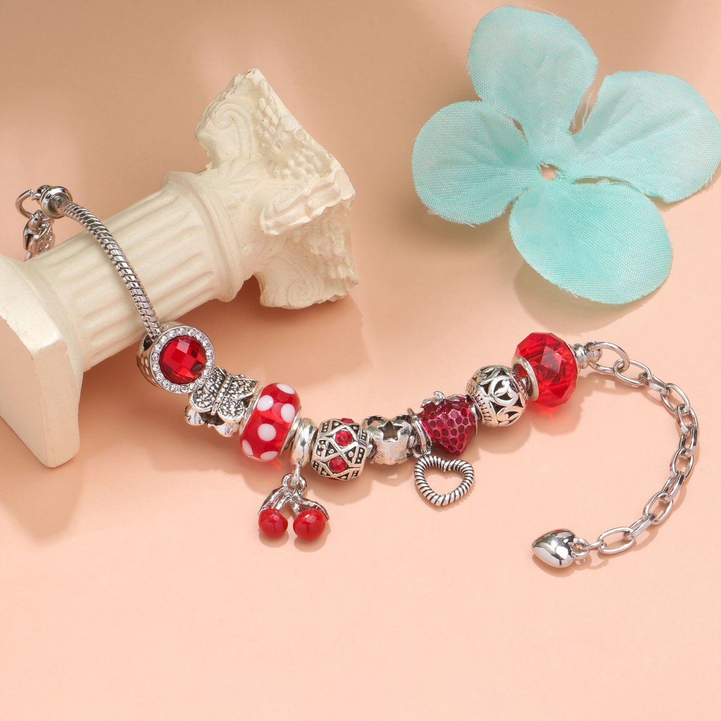 Charm Bracelet with Tortoise, Heart, Clover Pendant(red,20cm)