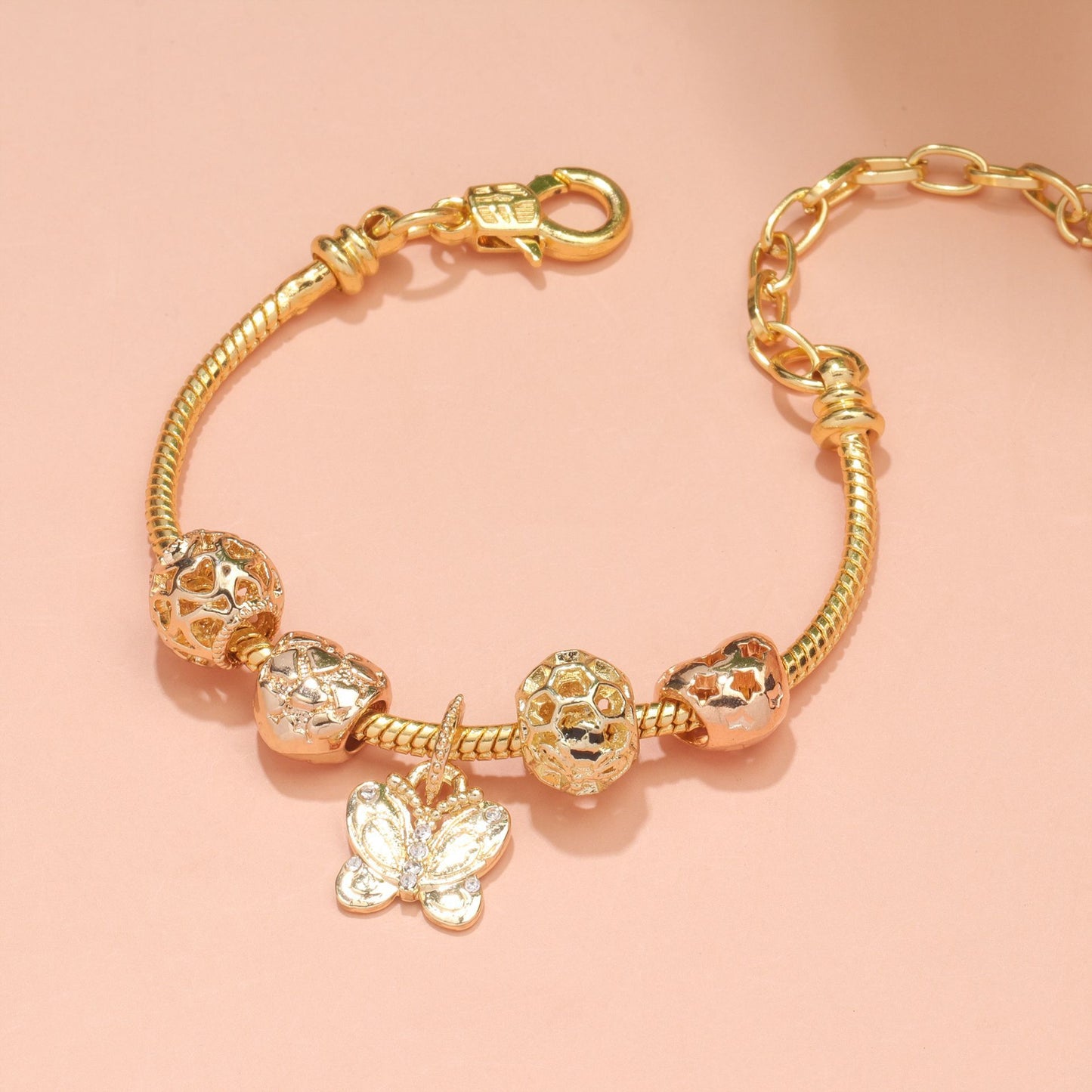 Hollow Beads Butterfly Heart Charm Bracele(yellow,19cm)