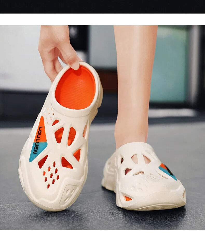 Men's Summer EVA Crocs with 3 Color Options - Breathable, Non-Slip, Comfortable Beach & Casual Sandals(white&orange-38-39)