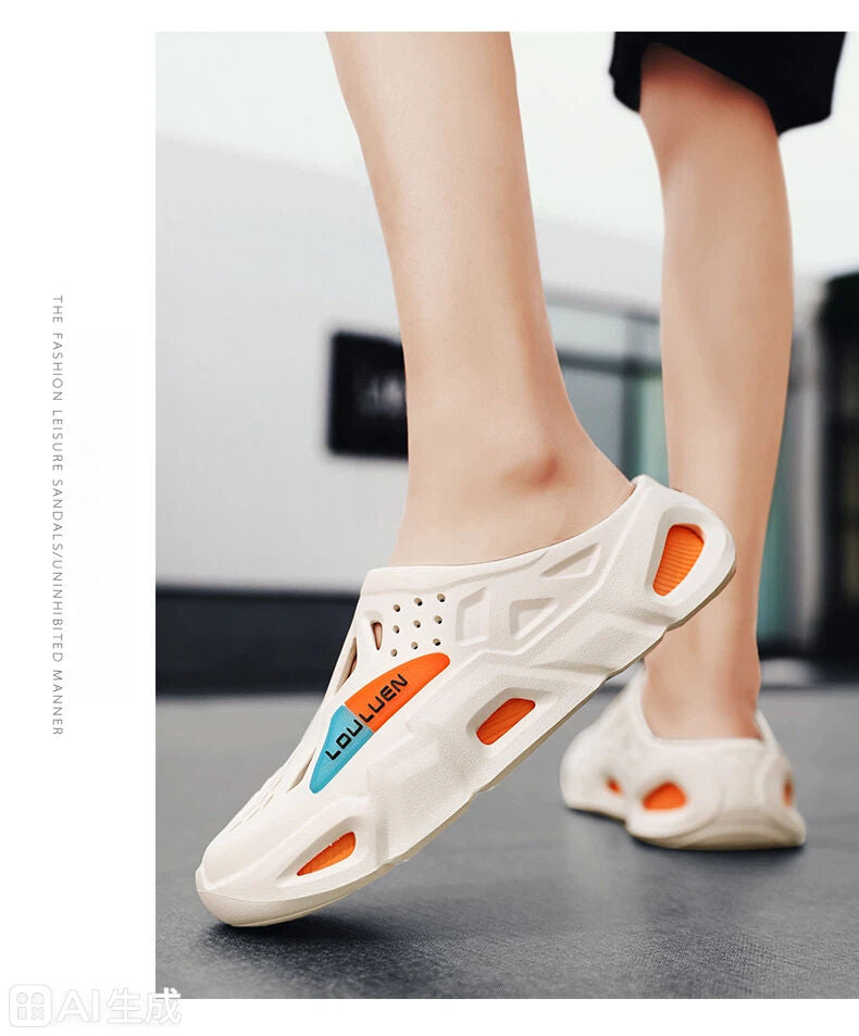 Men's Summer EVA Crocs with 3 Color Options - Breathable, Non-Slip, Comfortable Beach & Casual Sandals(white&orange-38-39)