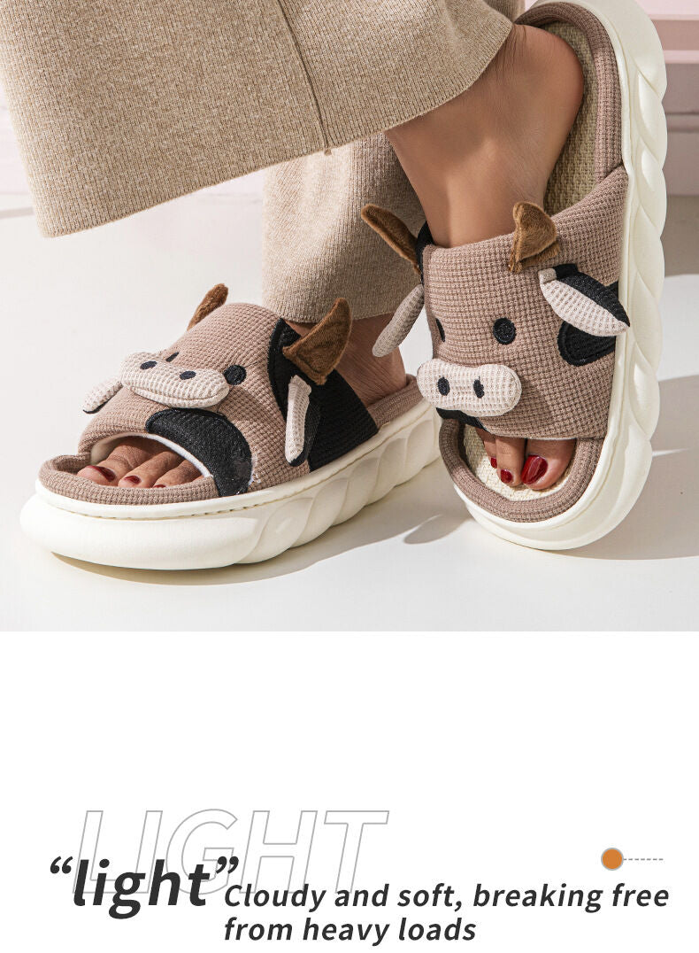 Unisex Cow Cartoon Linen Slippers: EVA Thick Sole Non-Slip Beach Sandals for Couples & Parent-Child, 7 Styles(coffee brown-39-40)