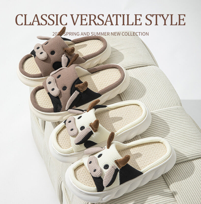 Unisex Cow Cartoon Linen Slippers: EVA Thick Sole Non-Slip Beach Sandals for Couples & Parent-Child, 7 Styles(coffee brown-41-42)