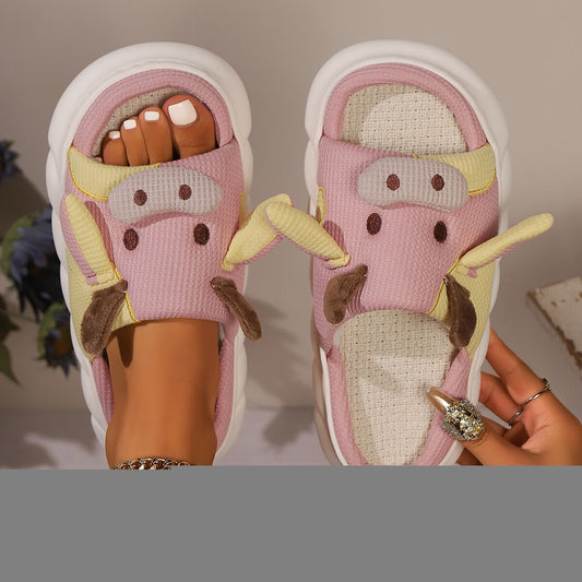 Unisex Cow Cartoon Linen Slippers: EVA Thick Sole Non-Slip Beach Sandals for Couples & Parent-Child, 7 Styles(pink-41-42)