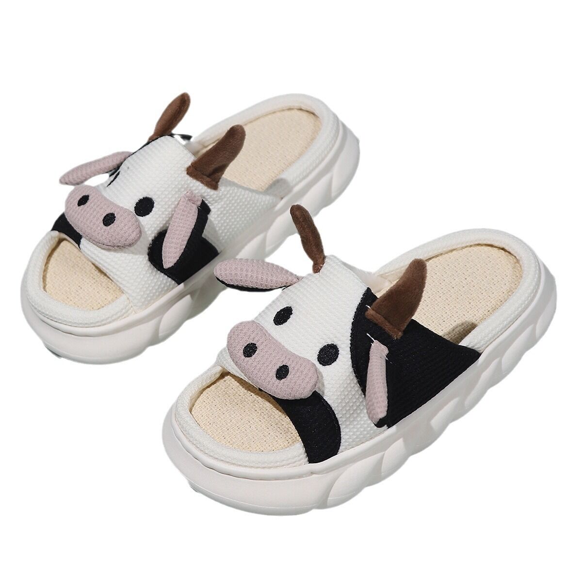 Unisex Cow Cartoon Linen Slippers: EVA Thick Sole Non-Slip Beach Sandals for Couples & Parent-Child, 7 Styles(white-35-36)
