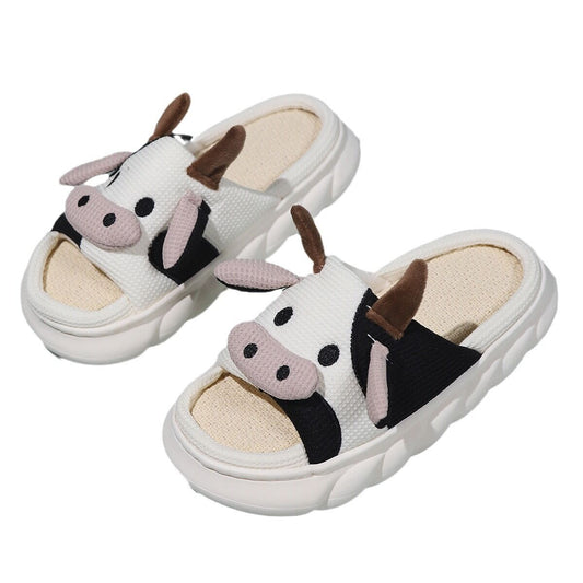Unisex Cow Cartoon Linen Slippers: EVA Thick Sole Non-Slip Beach Sandals for Couples & Parent-Child, 7 Styles(white-35-36)