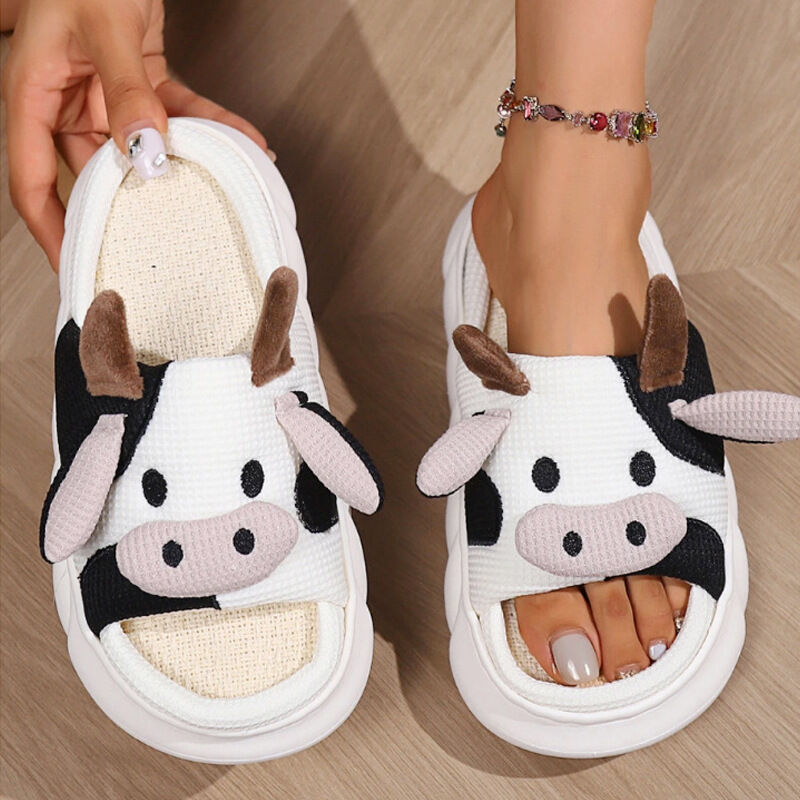 Unisex Cow Cartoon Linen Slippers: EVA Thick Sole Non-Slip Beach Sandals for Couples & Parent-Child, 7 Styles(white-39-40)