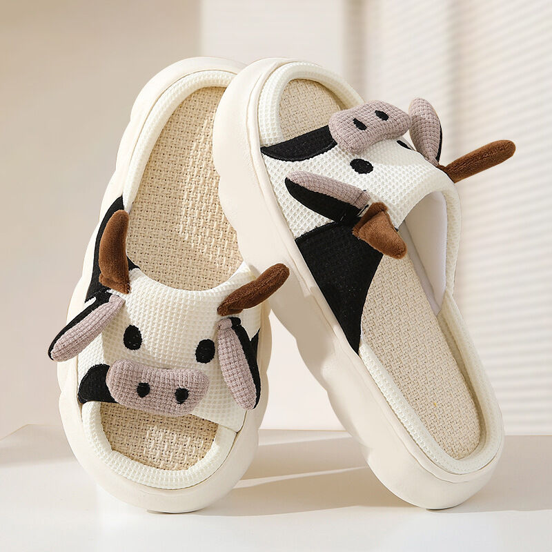 Unisex Cow Cartoon Linen Slippers: EVA Thick Sole Non-Slip Beach Sandals for Couples & Parent-Child, 7 Styles(white-43-44)