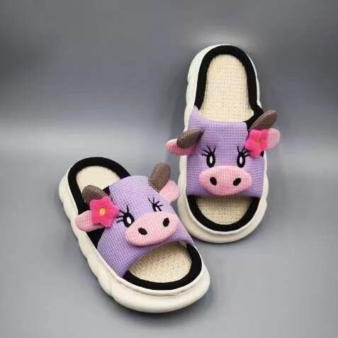 Unisex Cow Cartoon Linen Slippers: EVA Thick Sole Non-Slip Beach Sandals for Couples & Parent-Child, 7 Styles(purple-39-40)