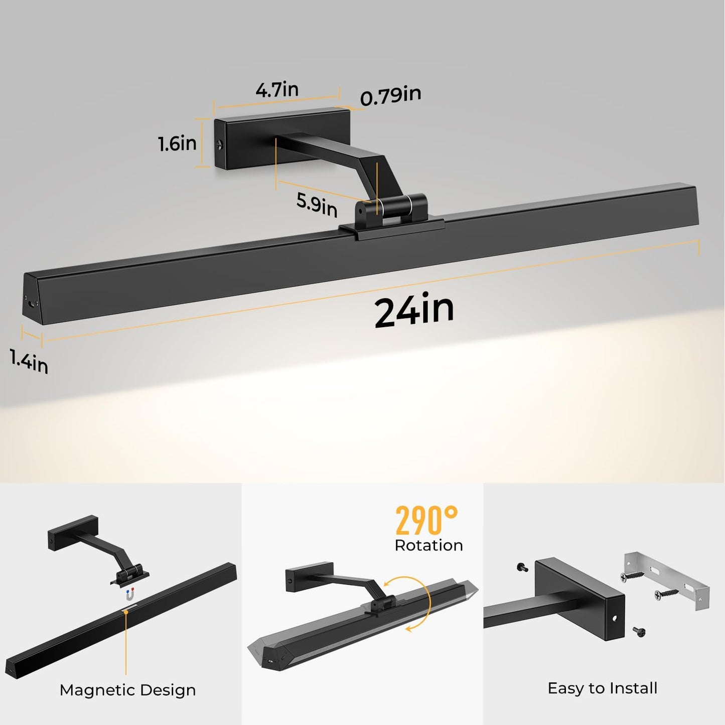 Wall Picture Light, 24in Battery-Powered Gallery Light for Artwork, CCT Dimmable Rechargeable Battery Wall Lamp with Remote Control for Living Room, Gallery, and Dartboard (Black)