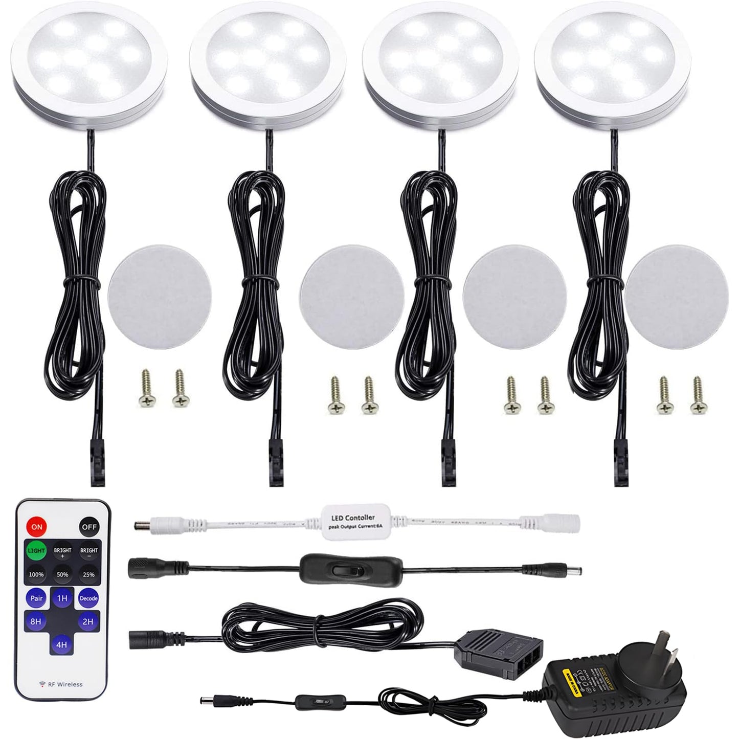 Dimmable & Timing Under Counter Lights Kitchen with Wireless RF Remote,Ultra-Thin 240V LED Cabinet Lights,12W Shelf Lights，4 Lights,Daylight White