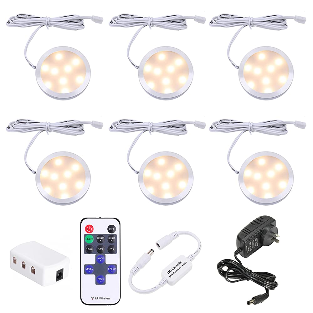 Dimmable LED Under Cabinet Lighting, Counter Showcase Kitchen Lighting Fixtures with 12V Plug in Adapter and Dimmable Wireless Remote Control, 6 Ultra Slim Puck Lights Kit