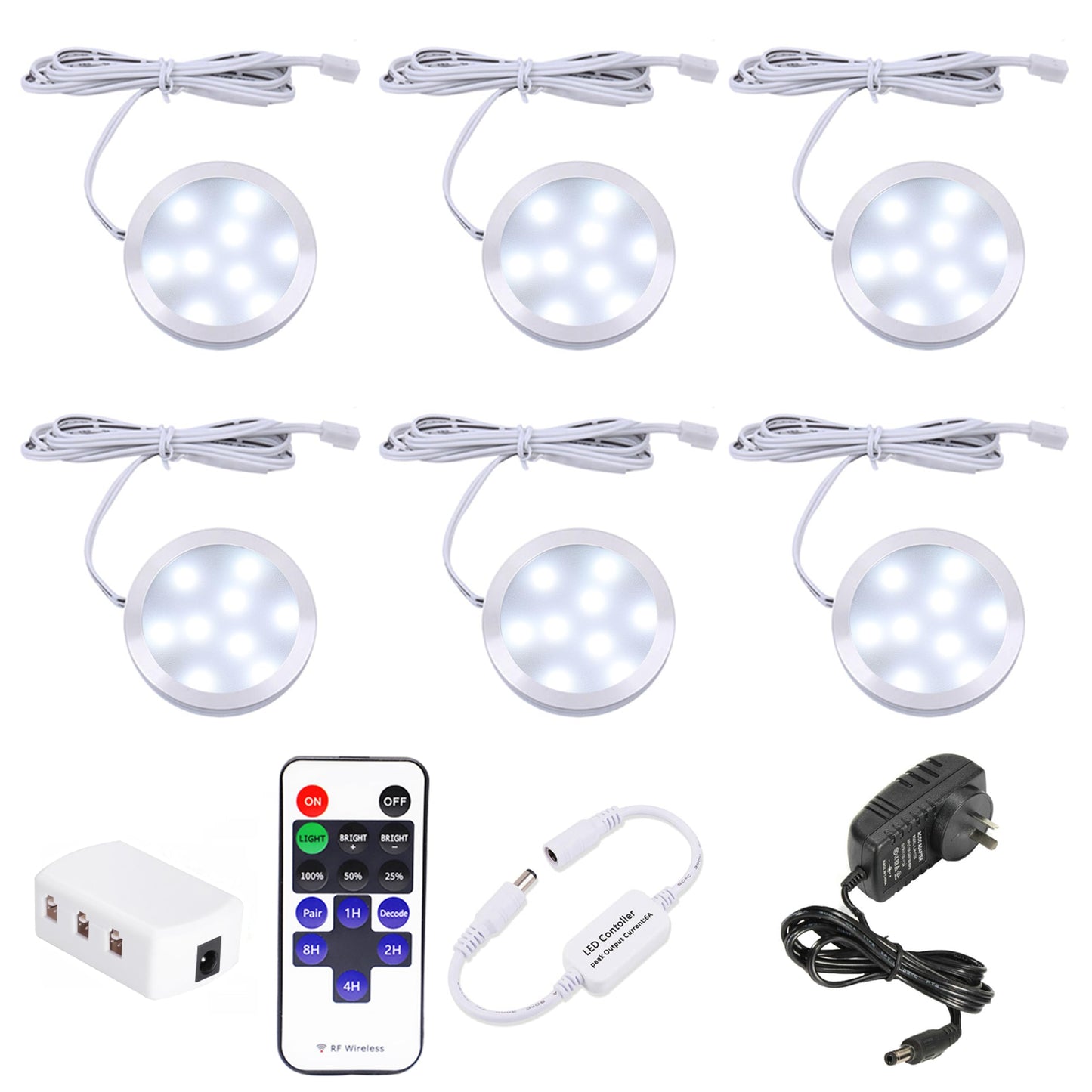 Dimmable LED Under Cabinet Lighting, Counter Showcase Kitchen Lighting Fixtures with 12V Plug in Adapter and Dimmable Wireless Remote Control, 6 Ultra Slim Puck Lights Kit (Daylight White)