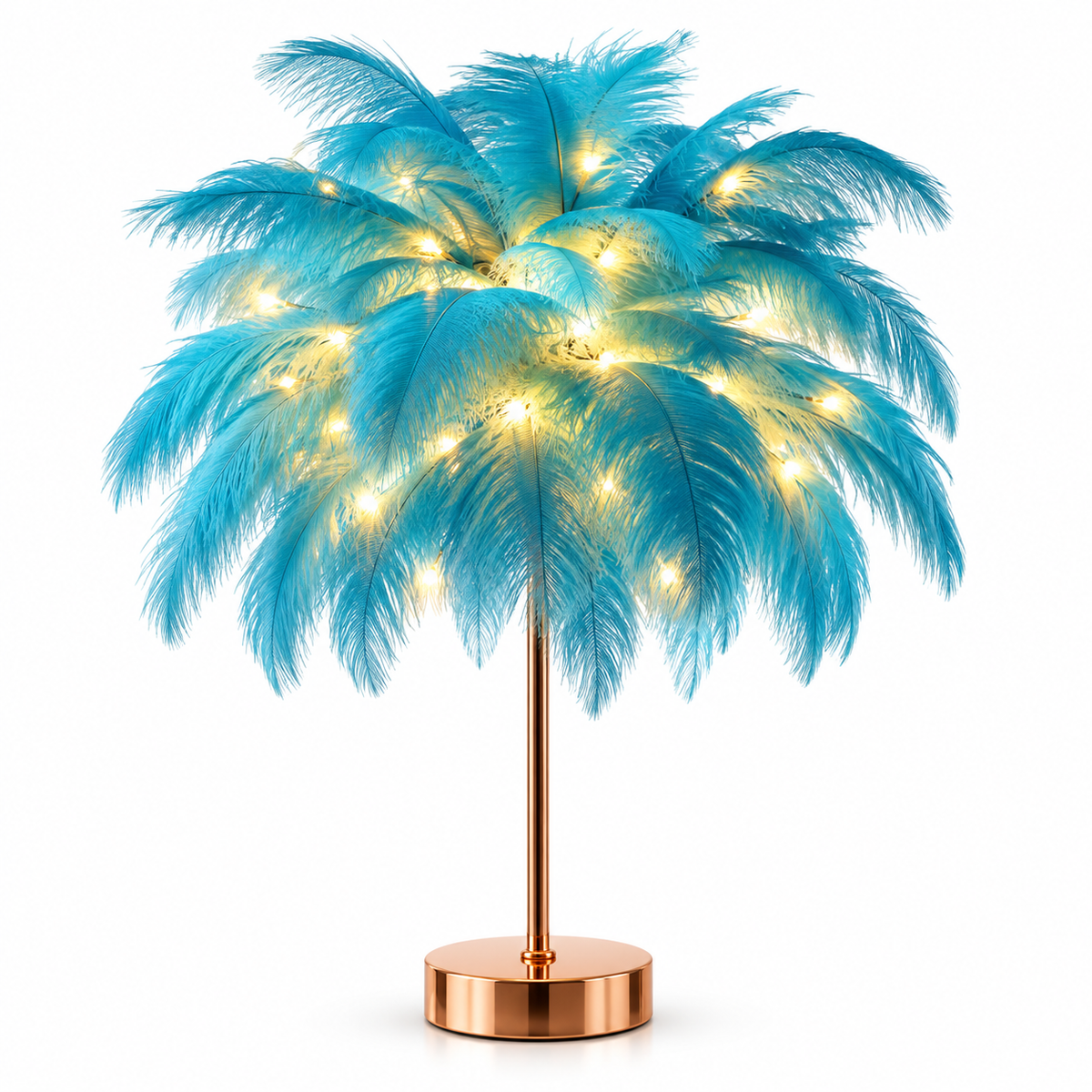 Ostrich Feather Table Lamp White, 80 Hand-Woven Natural Feathers, 3 Colour Temperature Touch Dimming, USB Rechargeable LED Bedside Lamp with Gold Metal Base