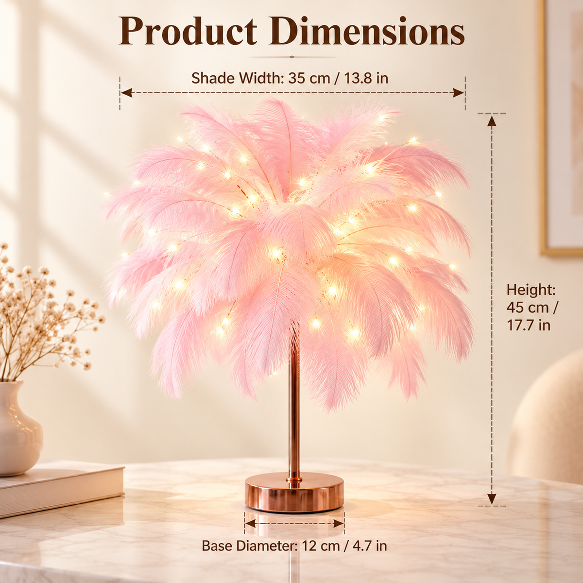 Ostrich Feather Table Lamp White, 80 Hand-Woven Natural Feathers, 3 Colour Temperature Touch Dimming, USB Rechargeable LED Bedside Lamp with Gold Metal Base