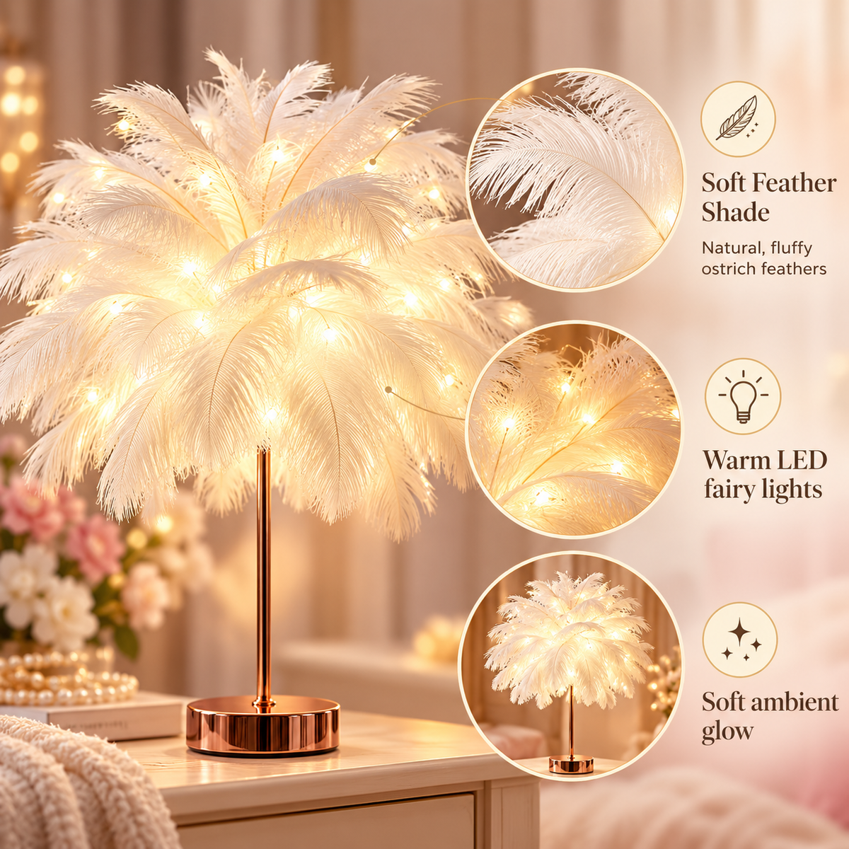 Ostrich Feather Table Lamp White, 80 Hand-Woven Natural Feathers, 3 Colour Temperature Touch Dimming, USB Rechargeable LED Bedside Lamp with Gold Metal Base