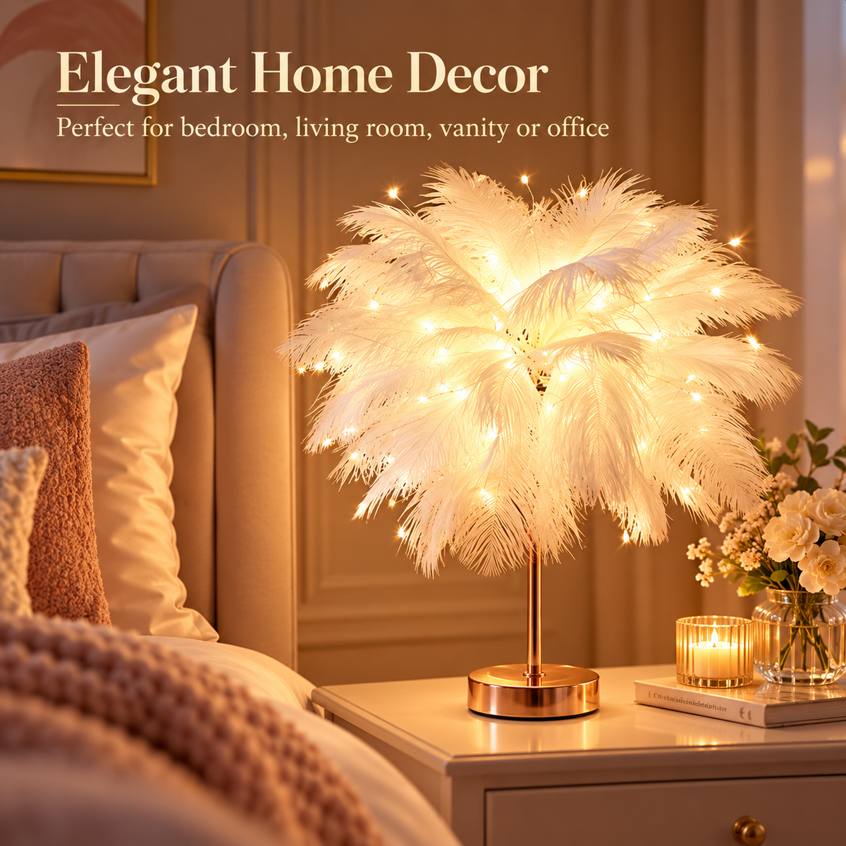 Ostrich Feather Table Lamp White, 80 Hand-Woven Natural Feathers, 3 Colour Temperature Touch Dimming, USB Rechargeable LED Bedside Lamp with Gold Metal Base