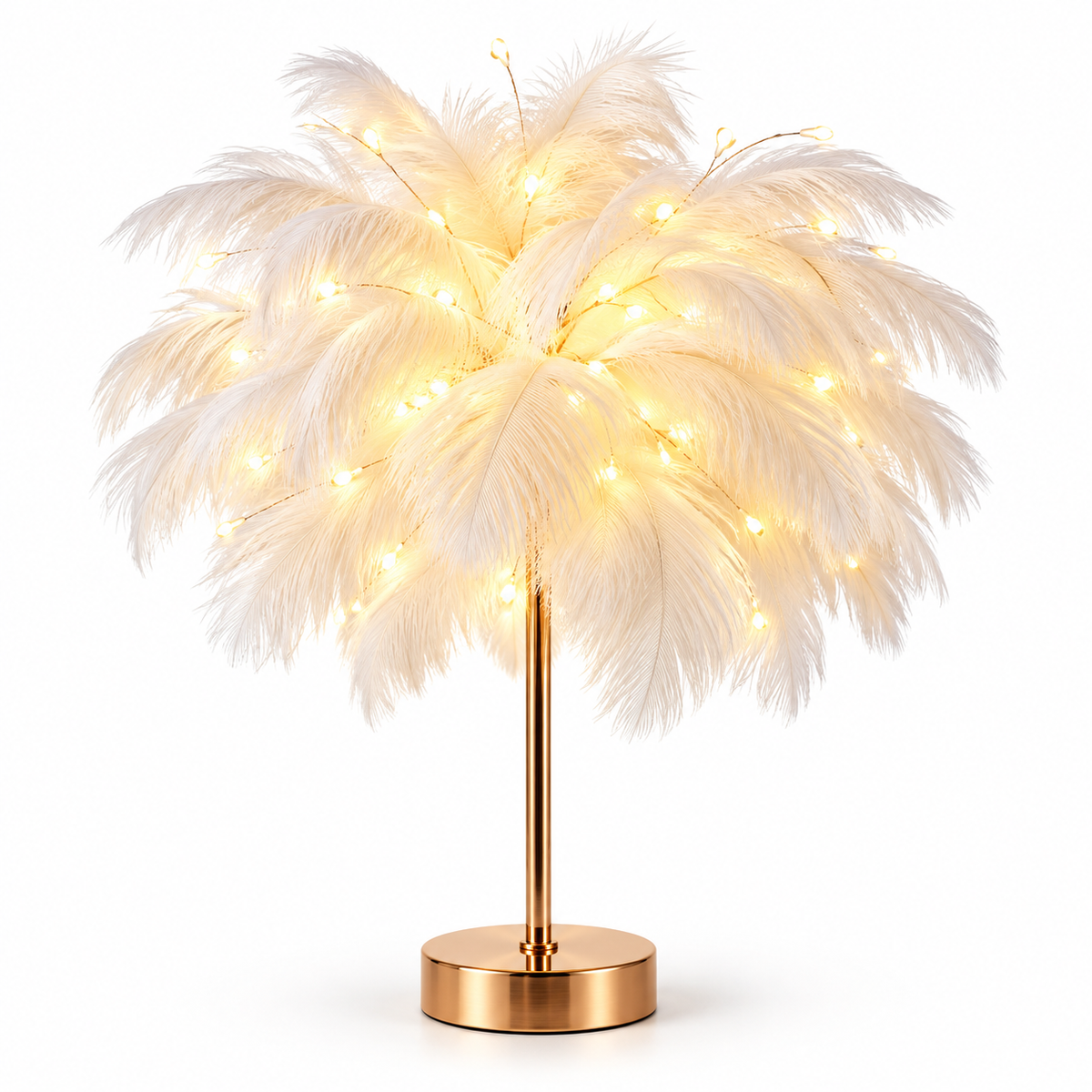 Ostrich Feather Table Lamp Pink, 80 Hand-Woven Natural Feathers, 3 Colour Temperature Touch Dimming, USB Rechargeable LED Bedside Lamp with Gold Metal Base