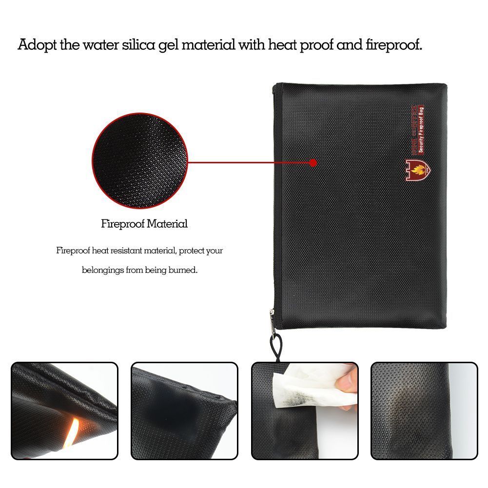 Medium Black Fire‑Resistant Waterproof Document Bag 34x24cm Velcro Zipper, Large‑Capacity Receipt Card Pouch, Holiday Home Document Protective Storage Case