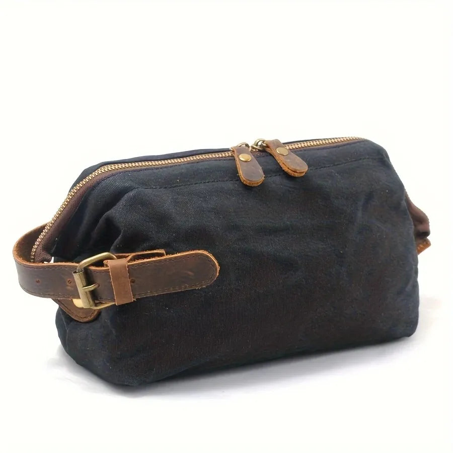 Vintage Waxed Canvas & Cowhide Cylinder Bag, Dopp Kit with Dual Zippers, Commute Travel Crossbody(Dark grey)