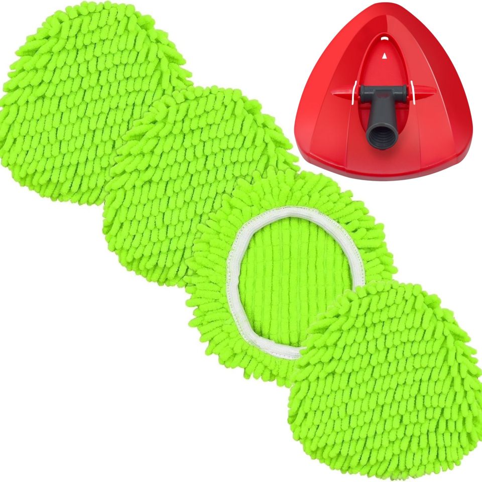 Replacement Microfiber Mop Head Pads Compatible with Vileda Ocedar Spin Mop - Triangle Chenille Cleaning Cloth Refill - Green 4-Pack with Cap