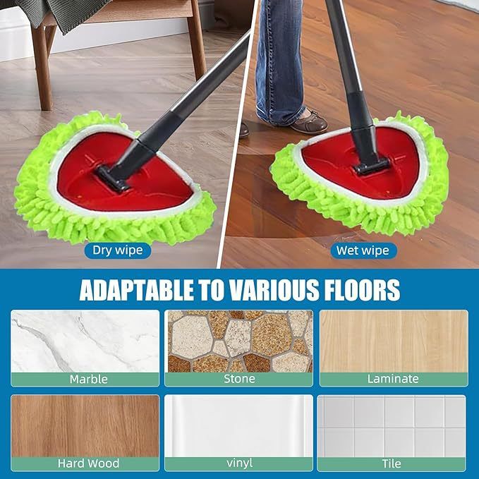 Replacement Microfiber Mop Head Pads Compatible with Vileda Ocedar Spin Mop - Triangle Chenille Cleaning Cloth Refill - Green 4-Pack with Cap