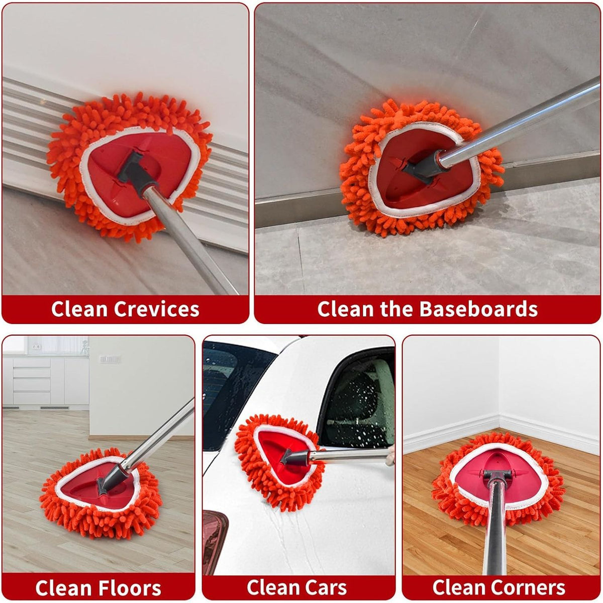 Replacement Microfiber Mop Head Pads Compatible with Vileda Ocedar Spin Mop - Triangle Chenille Cleaning Cloth Refill - Red 4-Pack with Cap