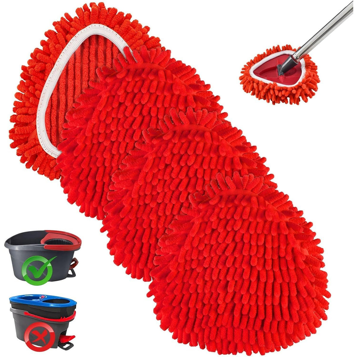 Replacement Microfiber Mop Head Pads Compatible with Vileda Ocedar Spin Mop - Triangle Chenille Cleaning Cloth Refill - Red 4-Pack with Cap