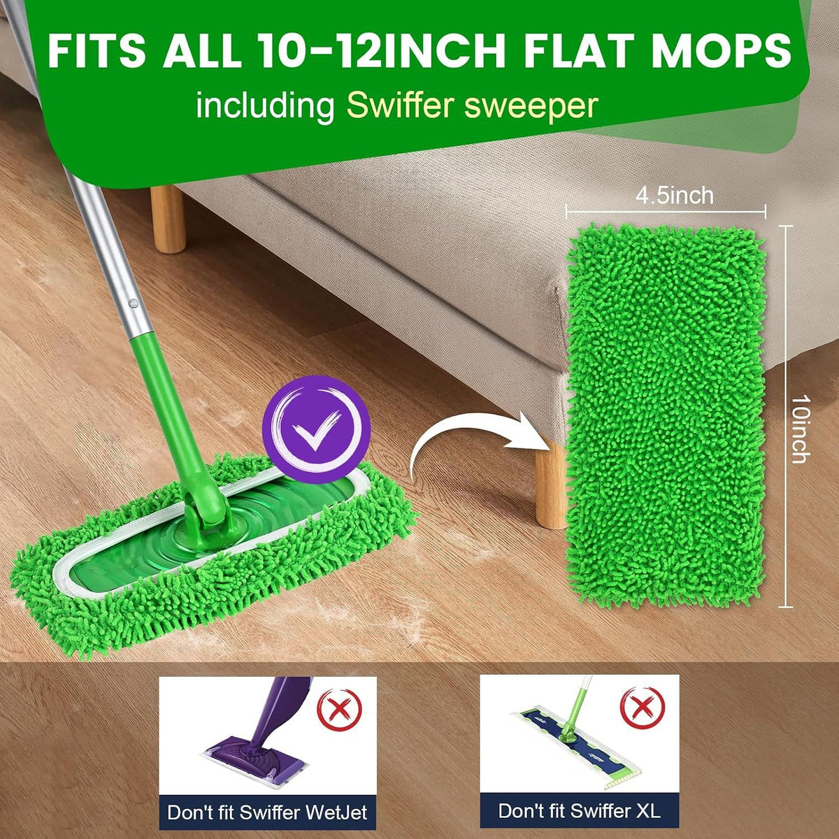 6Pcs Reusable Microfiber Mop Pads Compatible with Swiffer Sweeper Mop - Replacement Wet Mopping Pad Refills & Washable Dry Sweeping Cloths for Surface Hardwood Floor Cleaning