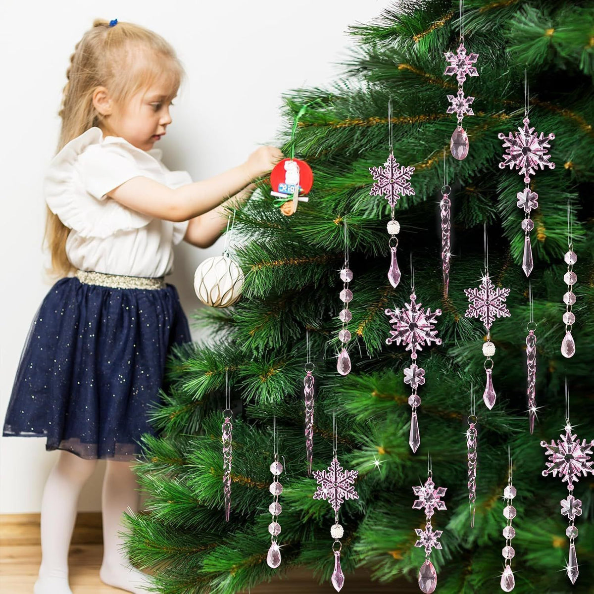 Christmas Crystal Snowflake Ornament 18-Piece Set - Hanging Acrylic Ice Snowflake Decorations for Christmas Tree - with Ribbon - Pink
