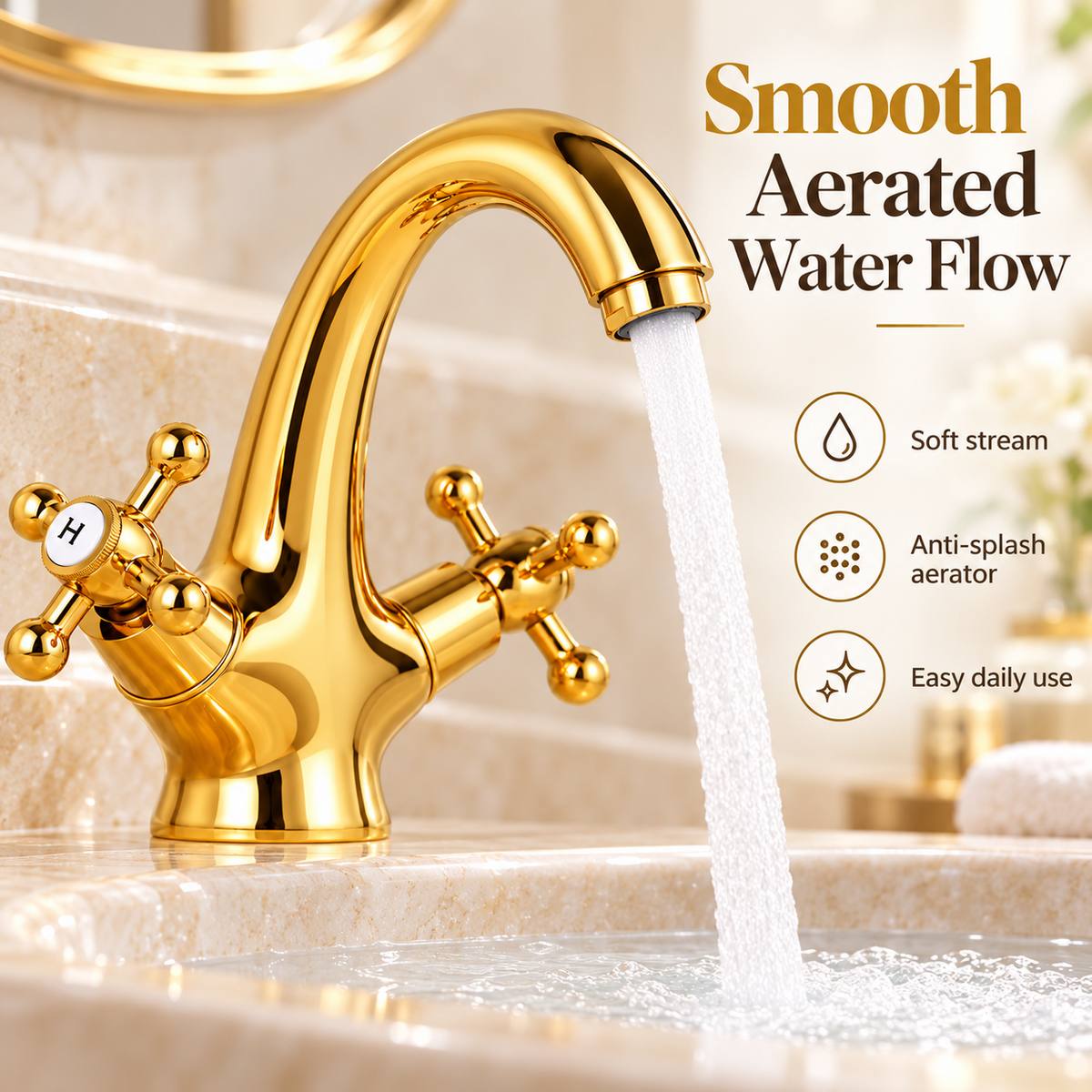 Vintage Gold Basin Mixer Tap Solid Brass Hot & Cold Bathroom Faucet with Cross Handles