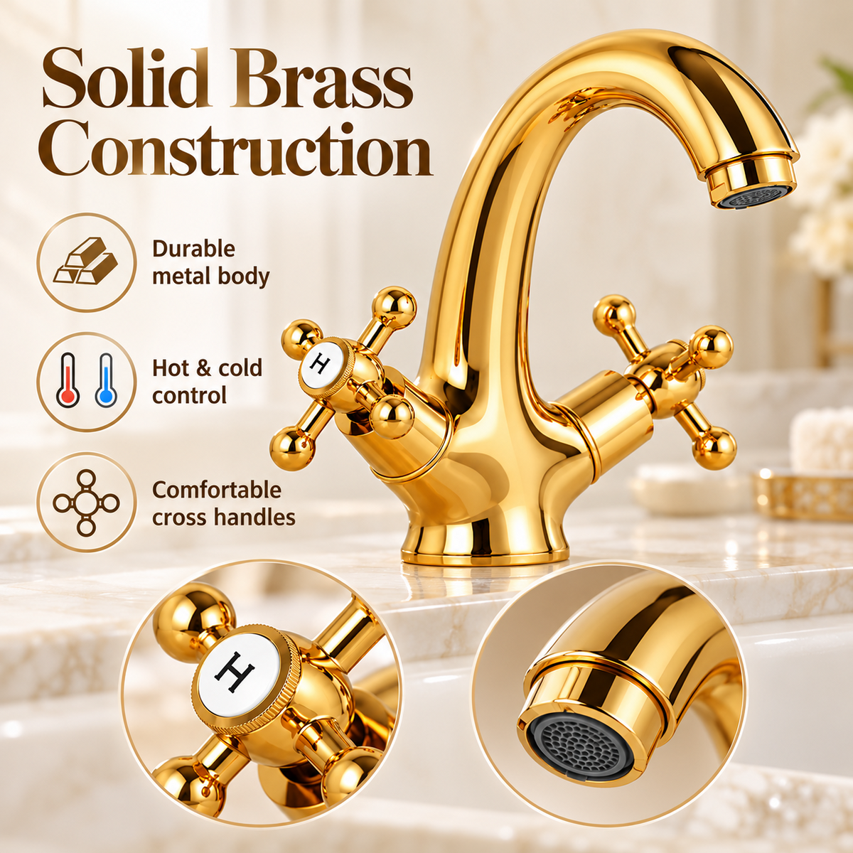 Vintage Gold Basin Mixer Tap Solid Brass Hot & Cold Bathroom Faucet with Cross Handles