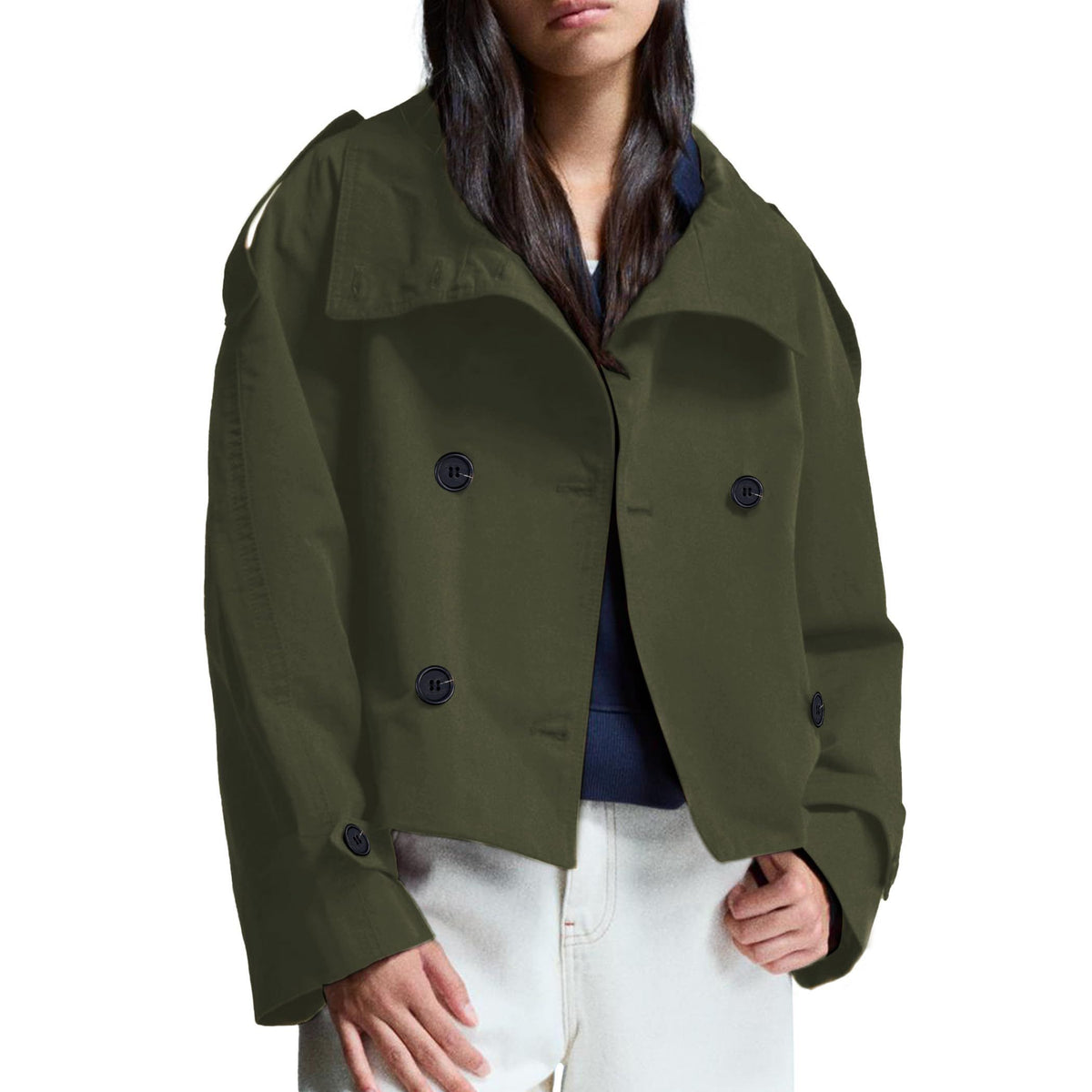 Versatile Women’s Short Trench Coat for Autumn Winter, Ideal for Work, Travel & Casual Layering, S (olive green)
