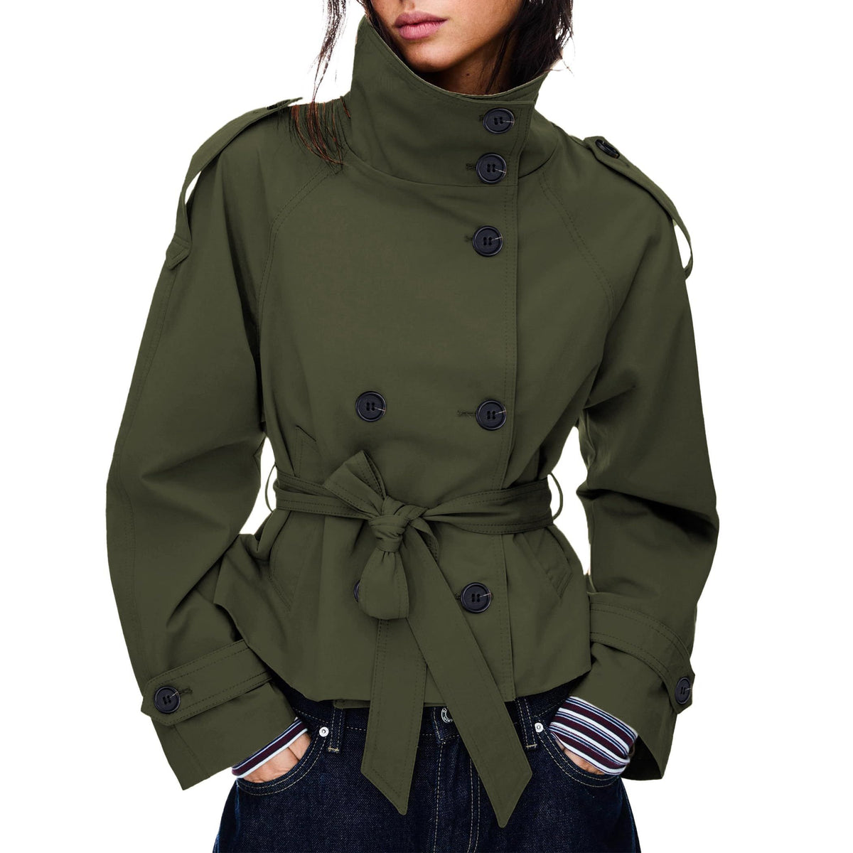 Versatile Women’s Short Trench Coat for Autumn Winter, Ideal for Work, Travel & Casual Layering, L (olive green)