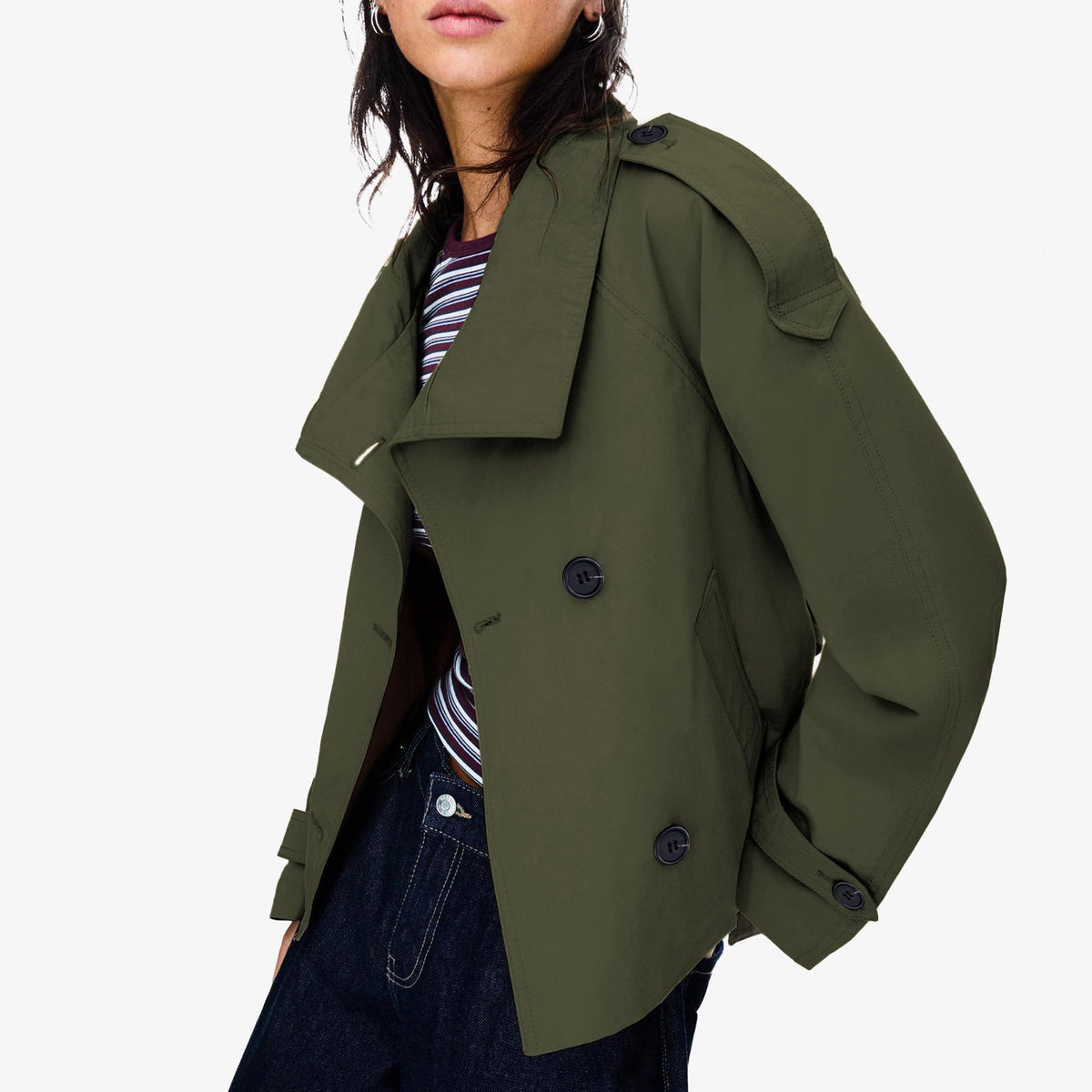 Versatile Women’s Short Trench Coat for Autumn Winter, Ideal for Work, Travel & Casual Layering, L (olive green)