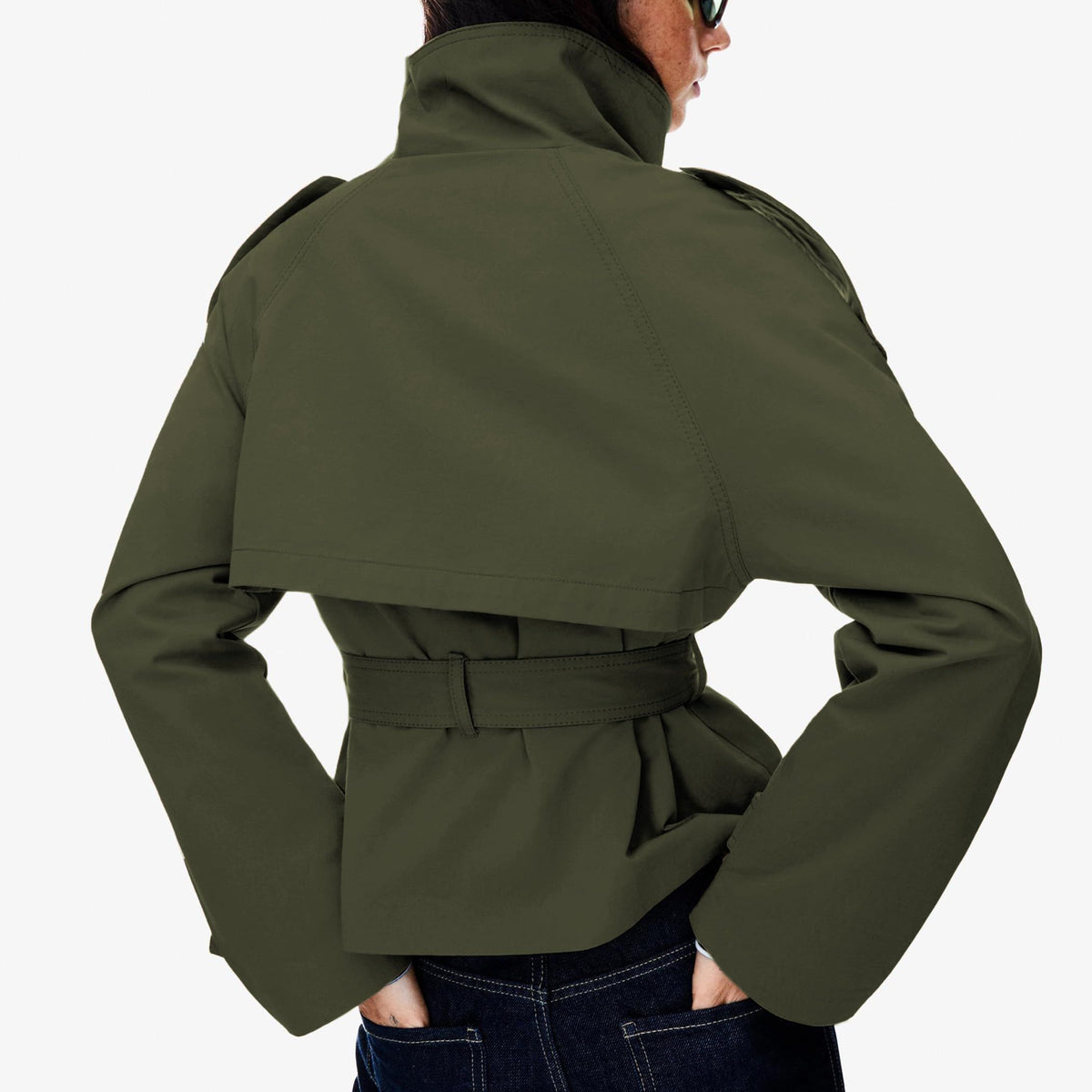 Versatile Women’s Short Trench Coat for Autumn Winter, Ideal for Work, Travel & Casual Layering, L (olive green)