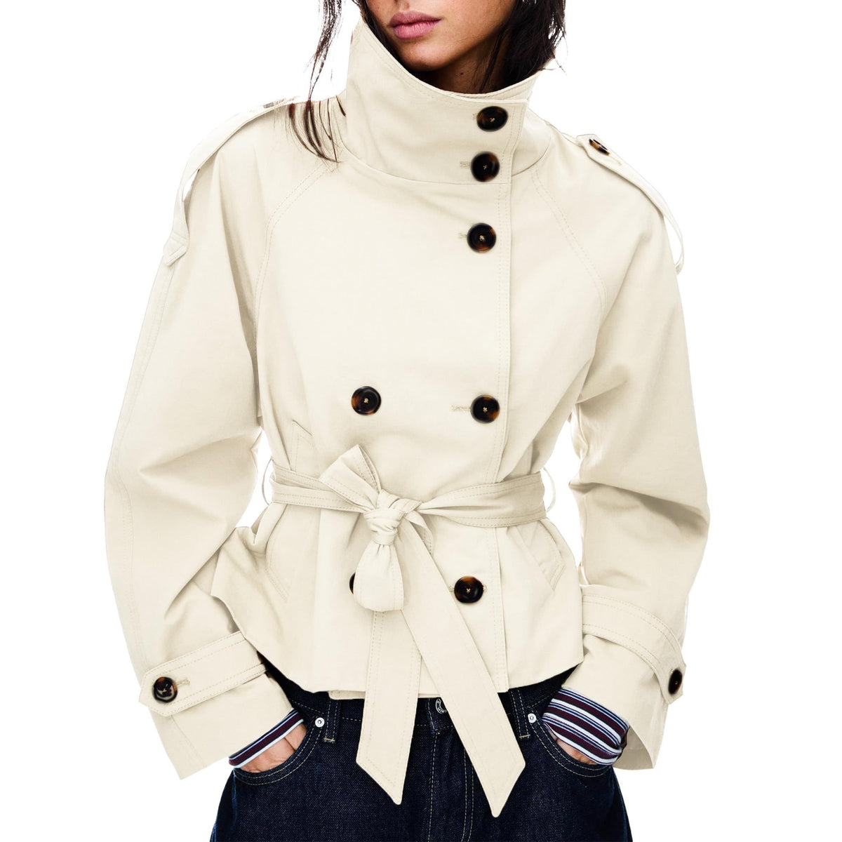 Versatile Short Double-Breasted Trench Jacket for Daily City Wear & Seasonal Layering, XS (Off-White)