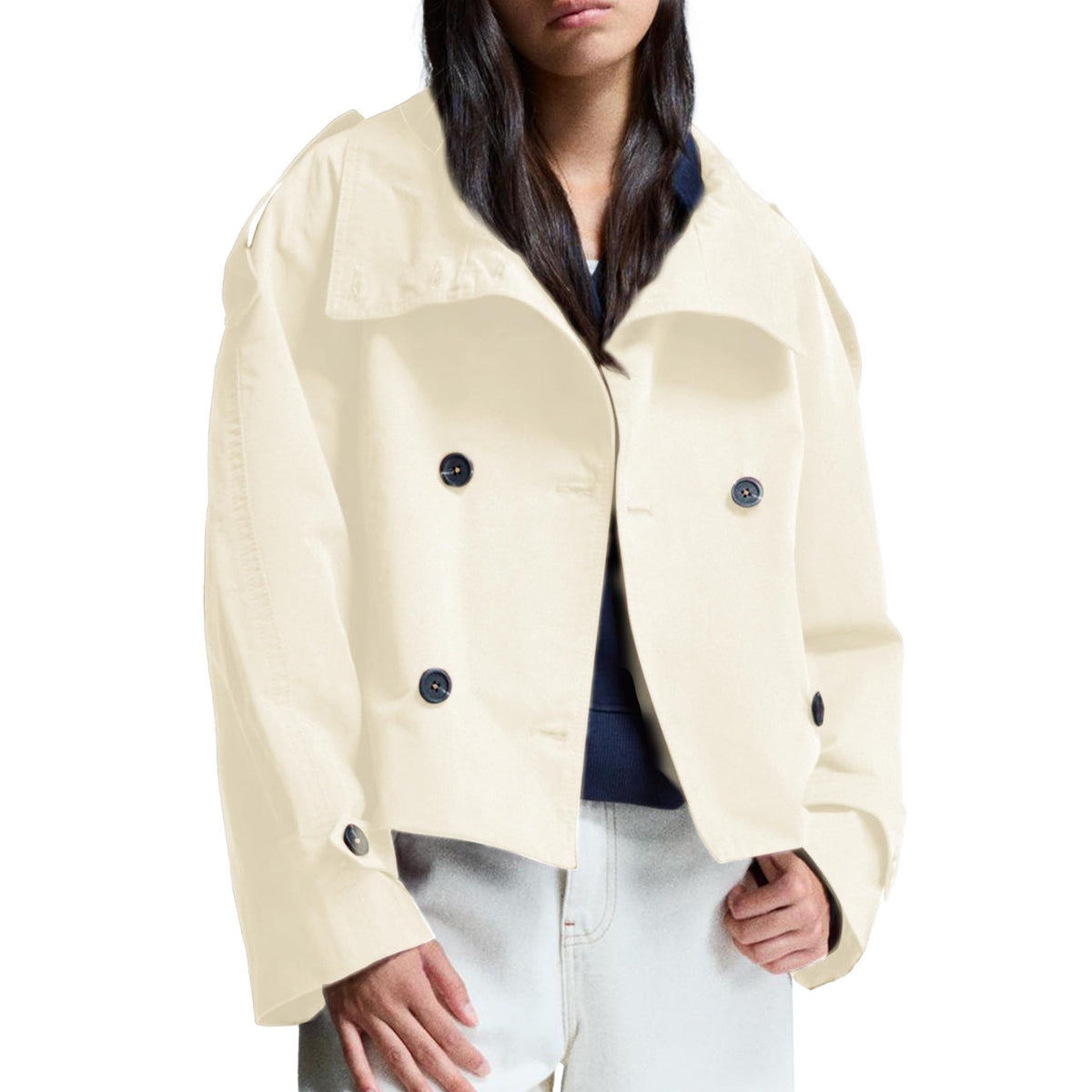 Versatile Short Double-Breasted Trench Jacket for Daily City Wear & Seasonal Layering, XL (Off-White)