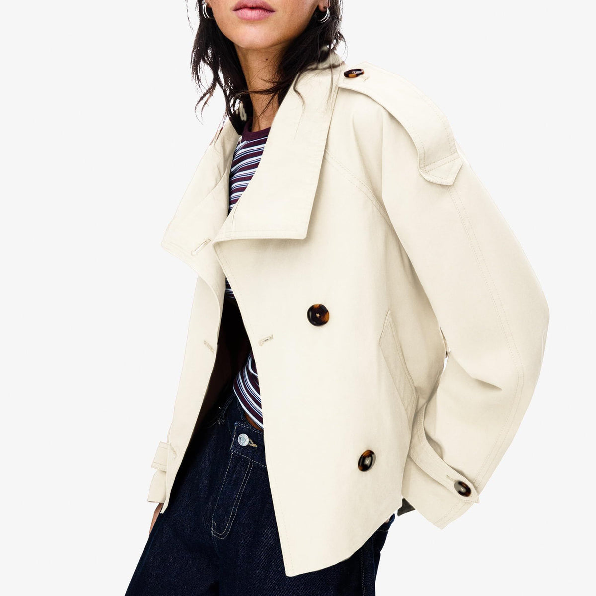 Versatile Short Double-Breasted Trench Jacket for Daily City Wear & Seasonal Layering, XXL (Off-White)