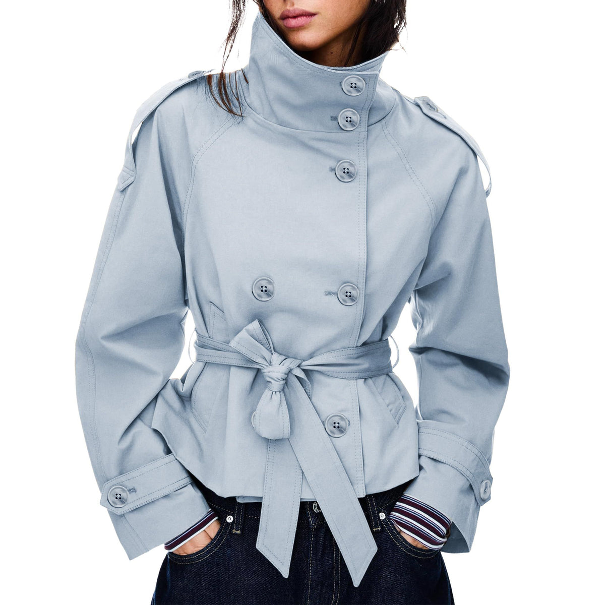 Women’s short trench coat, perfect for commuting, weekend getaways and autumn layering, M (Light Grey Blue)
