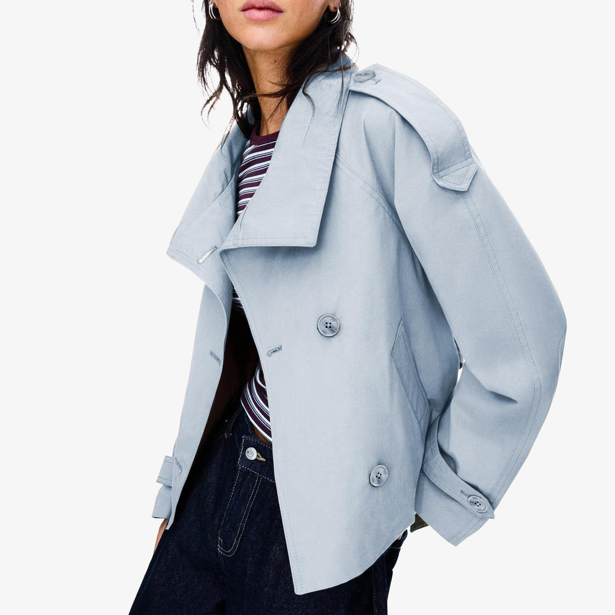 Women’s short trench coat, perfect for commuting, weekend getaways and autumn layering, M (Light Grey Blue)