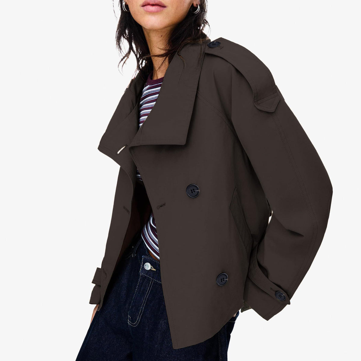Women's short trench coat perfect for commutes, weekend getaways and layered fall outfits, XS (Dark Brown)