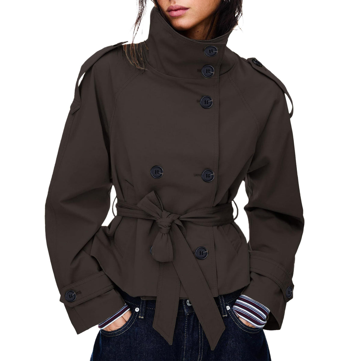 Women's short trench coat perfect for commutes, weekend getaways and layered fall outfits, XL (Dark Brown)