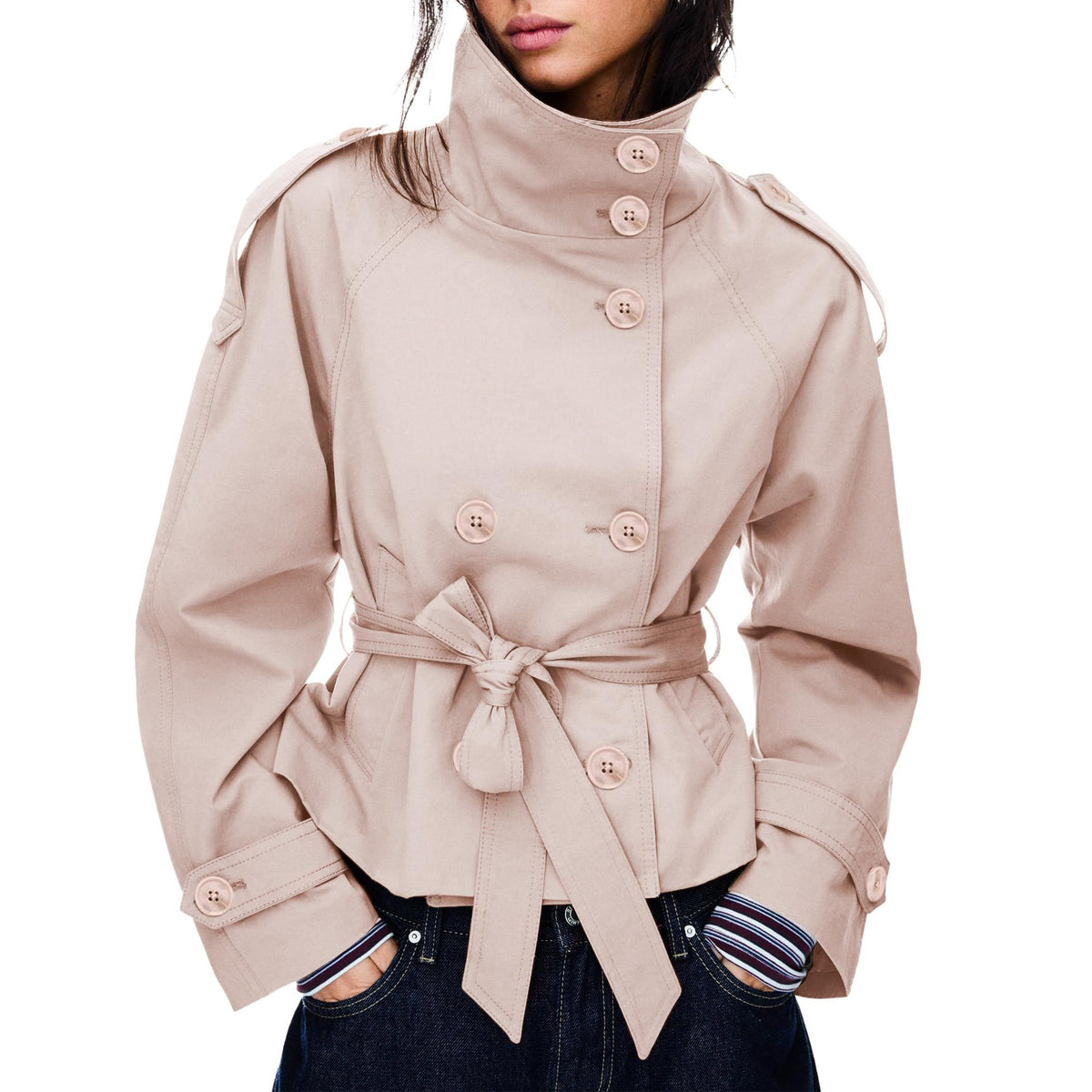 Cropped trench jacket for fall and winter, perfect for daily wear, commuting, and weekend trips, XL (Light Beige)